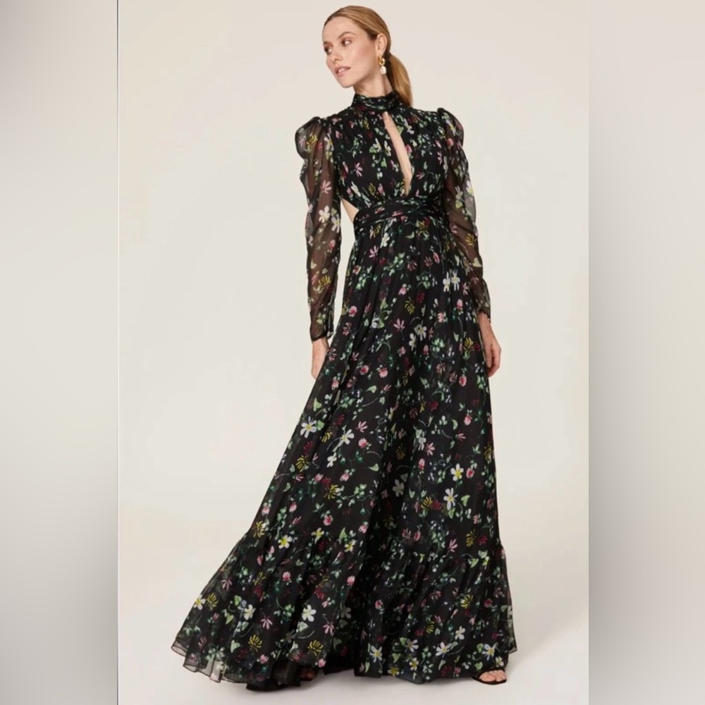 Ieena for Mac Duggal Long Sleeve Floral Black Dress